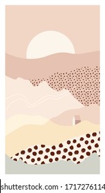 Abstract mountain landscape. Beautiful background, scenery with sun and house. Warm, pastel colors. Trendy, modern template for posters, stories, banners. Elegant design