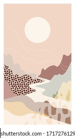 Paisaje montañoso abstracto. Hermoso entorno, paisaje fluvial. Colores cálidos y pastel. Plantilla moderna y de moda para carteles, historias y pancartas. Diseño elegante
