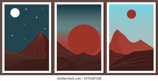 Abstract mountain landscape in boho style. Set of illustrations with mountains, sun, moon and stars. Colorful decoration for a postcard or banner. Landscape for the house.