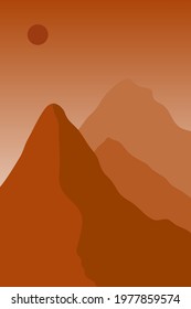 Abstract mountain landscape in boho style. Set of illustrations with mountains, sun, moon and stars. Colorful decoration for a postcard or banner. Landscape for the house.