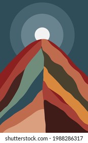 Resumen del paisaje montañoso al estilo boho. Conjunto de ilustraciones con montañas, sol, luna y estrellas. Decoración colorida para una postal o una pancarta. Paisaje para la casa.
