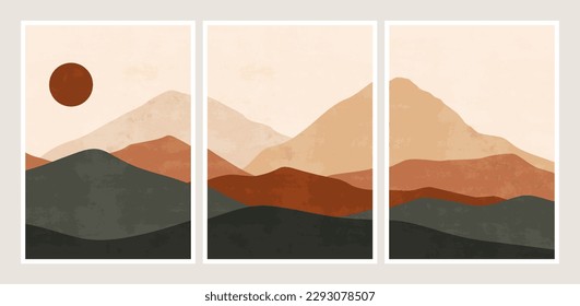 Abstract mountain landscape collage. Modern minimalist horizon panorama, geometric nature wallpaper. Vector boho set
