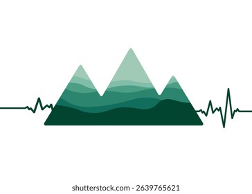 Abstract mountain landscape connected to a heart rate pulse line, combining love for nature, wellness, and outdoor adventure in minimal vector style