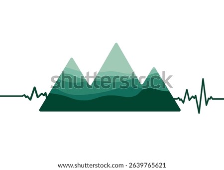 Abstract mountain landscape connected to a heart rate pulse line, combining love for nature, wellness, and outdoor adventure in minimal vector style