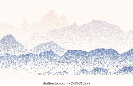 Abstract mountain landscape. Dotwork grain pattern. Nature background with fading dot effect