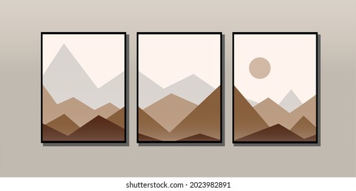 Resumen del paisaje montañoso en tonos tierra. Triptych. Antecedentes geométricos en estilo boho. Ilustración vectorial.