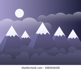 Abstract mountain landscape with forest and moon and clouds on purple sky - vector, with space for your text