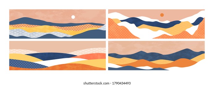 Abstract mountain landscape illustration set on isolated background. Horizontal nature environment banner with sunset and minimalist textures for travel brochure or summer design concept.