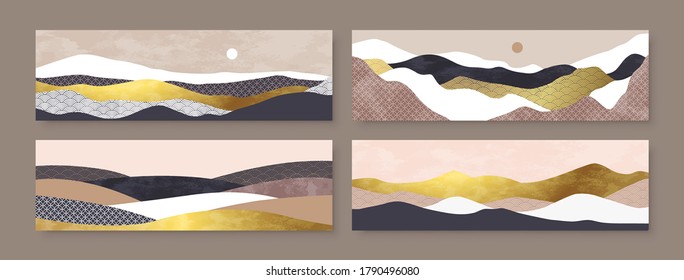 Abstract mountain landscape illustration set, luxury gold foil graphic collection of asian art style mountains and horizon scenery view on isolated background. Horizontal format copy space banner.
