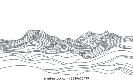 Abstract mountain landscape illustration. Wavy contour lines create depth and texture. Nature, geography, and topographic design concept. Minimalist line art drawing on a white background.