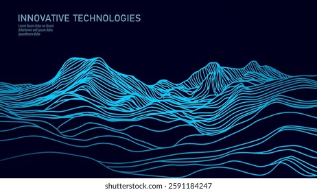 Abstract mountain landscape illustration. Wavy contour lines create depth and texture. Nature, geography, and topographic design concept. Minimalist line art drawing background