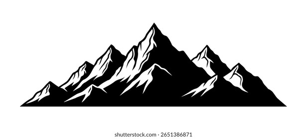 Abstract  mountain  landscape isolated on transparent background. Rock Silhouette.  Vector design snowy mountain range for camping logotype, travel 