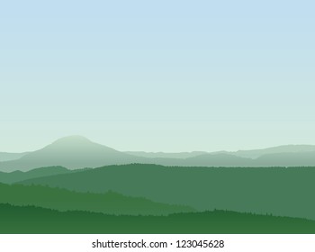 Abstract Mountain Landscape With Layered Forests and Blue Sky