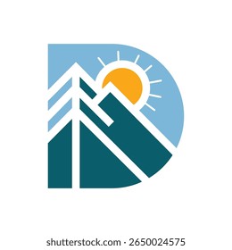 Abstract Mountain Landscape Letter D Logo with Sun and Sky Design.