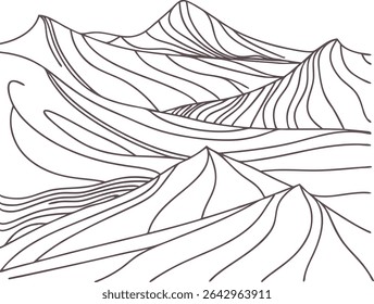 Abstract mountain landscape line art illustration with flowing contour lines, ideal for nature posters, minimalist wall adventure themes, travel graphics, and artistic map-based projects.