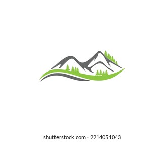 Resumen del logotipo del paisaje de montaña. Ilustración de vectores naturales de árboles de montaña y cedro.