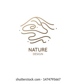 Abstract mountain landscape logo with water. Wavy lines icon. Vector linear illustration of desert dunes. Minimal simple emblem for business, travel, tourism, ecology concept, health, massage, yoga