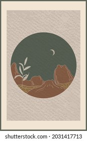 Abstract mountain landscape with a month in the sky inscribed in a circle. Bohho style painting with paper effect.