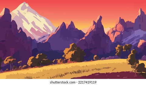 Abstract mountain landscape, night, evening, suset sunrise, travel poster