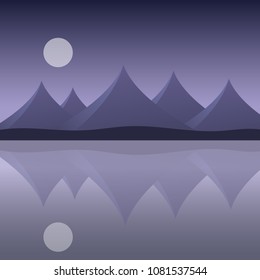 Abstract mountain landscape on the sea shore with reflection in water and moon on purple sky - vector, with space for your text