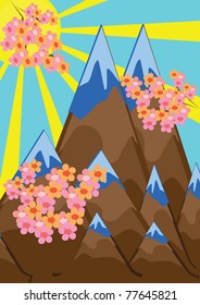Abstract mountain landscape and pink branches. Illustration