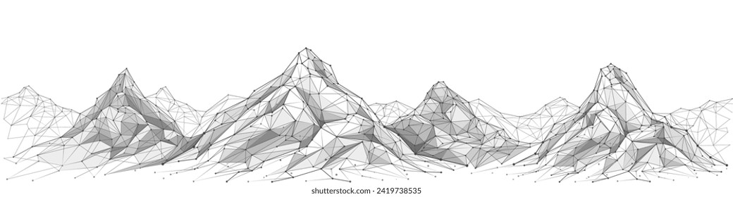 Abstract mountain landscape. Polygonal sketch. Outline background. Mountain range isolated on a white background. Line art. Black on white graphic. Low poly wireframe linear vector illustration. 