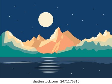 Abstract mountain landscape poster. Landscape background in scandinavian style. Mountains, moon, water. Nature landscape background. Wall art vector illustration