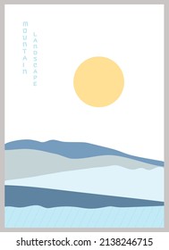 Afiche abstracto del paisaje montañoso en colores azules. Antecedentes geométricos al estilo japonés asiático. Ilustración vectorial.