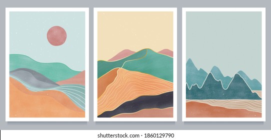 Abstract mountain landscape poster. Abstract contemporary aesthetic backgrounds landscapes set with line art mountain, Sun, Moon, sea, forest. vector illustrations