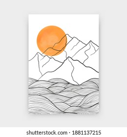 Abstract mountain landscape poster design. Contemporary line drawing sun mount shapes, doodle geometric art. Vector illustration