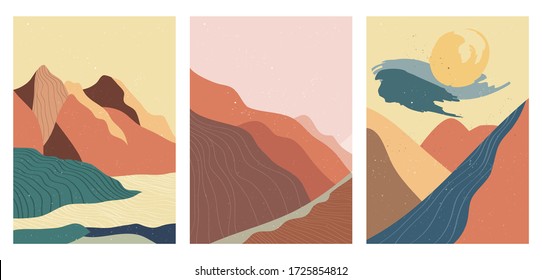 Abstract mountain landscape poster. Geometric landscape background in asian japanese style. vector illustration