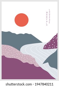 Afiche abstracto del paisaje montañoso. Antecedentes geométricos al estilo japonés asiático. Ilustración vectorial.