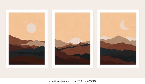 Abstract mountain landscape posters. Boho nature sun moon print design, contemporary minimalist wall decor. Modern vector set