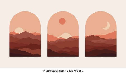 Afiches abstractos del paisaje montañoso. Diseño minimalista de la luna de sol estilo boho, decoración contemporánea de las paredes. Conjunto de vectores