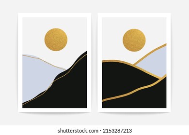 Abstract mountain landscape posters. Nature art prints contemporary style golden texture. Modern vector background set