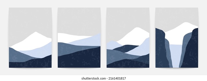 Abstract mountain landscape posters. Nature art prints Japanese style, orient contemporary backgrounds. Vector set