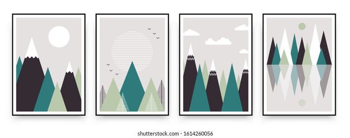 Abstract mountain landscape posters. Scandinavian boho art print set japanese contemporary style. Vector illustration