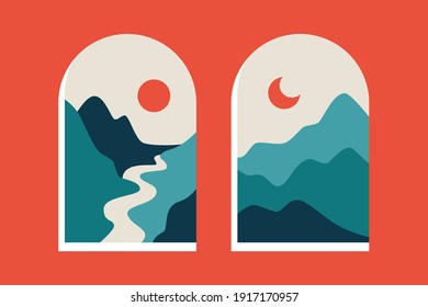 Abstract mountain landscape print. Contemporary posters with window view, boho nature design. Vector illustration