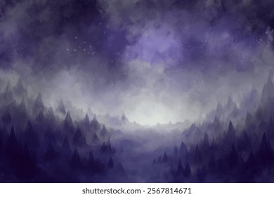 Abstract mountain landscape, purple mist, dreamy atmosphere, digital painting, serene background, artistic expression.