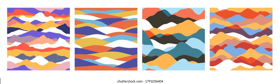 Abstract mountain landscape seamless pattern collection. Colorful wave background set with geometric textures and nature environment shapes.