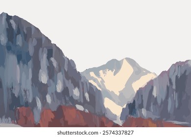 Abstract mountain landscape with snowy peaks and rocky cliffs. Earthy tones create a serene, natural scene. Mountains and nature dominate the view. Isolated vintage art illustration vector element.