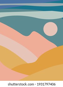 Abstract mountain landscape with sun and clouds. Boho poster. Modern minimal template in blue, yellow and pink colors. Cover design, banner, postcard. Vector illustration.