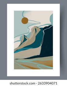 An Abstract Mountain Landscape with Sun Illustration that embodies a contemporary artistic style
