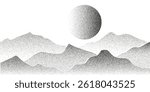 Abstract Mountain Landscape with Sun or Moon in Stipple Dotwork Style. Vector illustration of Mountain range in halftone grainy noise overlay texture