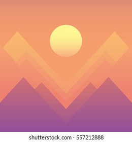 Abstract mountain landscape sunset or sunrise vector with modern retro feel in haze colors of pink, purple, orange. Eps10 vector illustration.