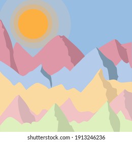 Abstrakte Berglandschaft unter dem blauen Morgenhimmel und der aufgehenden Sonne. Vektorgrafik