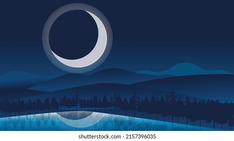 Abstract mountain landscape vector background  Night time wallpaper hills  lake  forest  moon   pine trees and vibrant gradient color  Landscape graphic design for prints  banner  covers  poster 