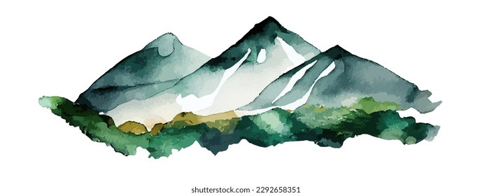 Resumen del paisaje montañoso de fondo acuático. Papel mural con vistas a las montañas naturales, hermosa pintura de las colinas, vista gráfica de los bosques naturales. Ilustración del vector