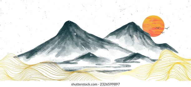 Abstract Mountain landscape watercolor painting illustration. Abstract contemporary aesthetic backgrounds landscapes. with mountains, hill, sun and line art