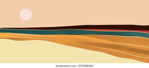 Abstract Mountain landscape watercolor painting illustration with line art pattern. Abstract contemporary aesthetic backgrounds landscapes. mountains, hills, sun and skyline